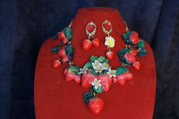 SOLD! 10075 Set Of Earrings+ Necklace Vivid Hand Painted Strawberry - Image 3