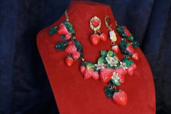 SOLD! 10075 Set Of Earrings+ Necklace Vivid Hand Painted Strawberry - Image 4