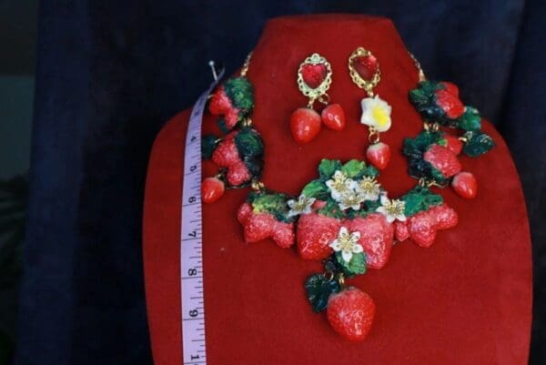 SOLD! 10075 Set Of Earrings+ Necklace Vivid Hand Painted Strawberry - Image 5