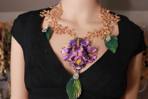SOLD! 10078 Vivid Hand Painted Iris Flower Massive Necklace - Image 8