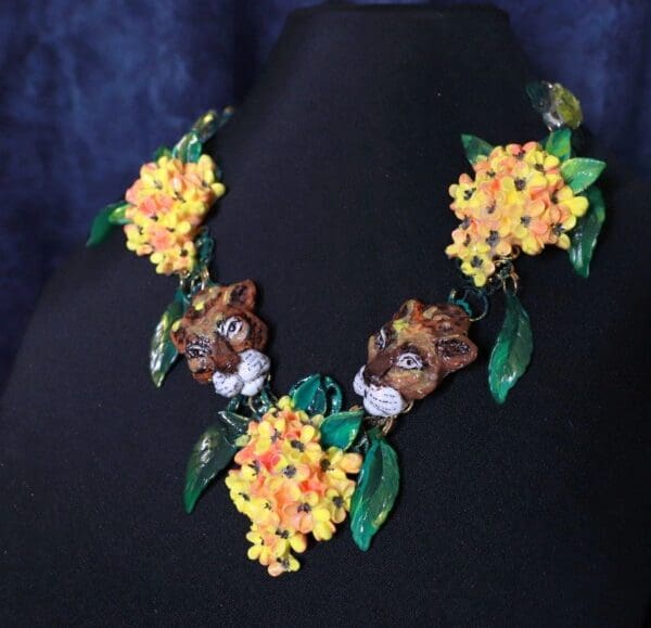 SOLD! 10079 Vivid Hand Painted Leopards Flower Massive Necklace - Image 2