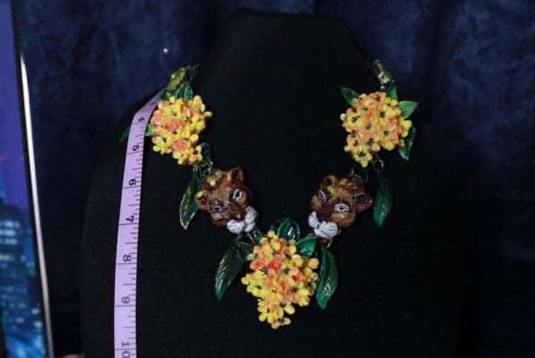 SOLD! 10079 Vivid Hand Painted Leopards Flower Massive Necklace - Image 3