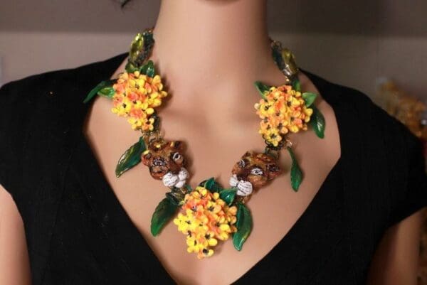 SOLD! 10079 Vivid Hand Painted Leopards Flower Massive Necklace - Image 7