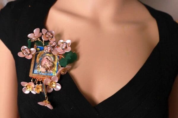 SOLD! 10085 Virgin Mary Madonna Icon Flower Blossom Brooch Pin - Image 2