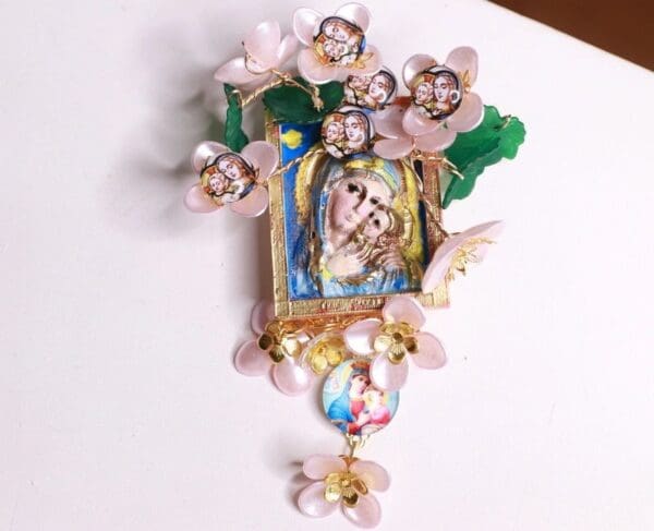 SOLD! 10085 Virgin Mary Madonna Icon Flower Blossom Brooch Pin - Image 8