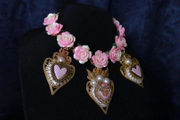 SOLD! 10086 Baroque Sacred Hearts Pink Roses Massive Necklace - Image 2