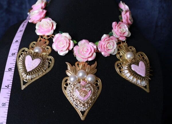 SOLD! 10086 Baroque Sacred Hearts Pink Roses Massive Necklace - Image 10