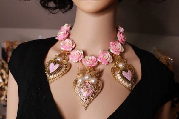 SOLD! 10086 Baroque Sacred Hearts Pink Roses Massive Necklace - Image 4