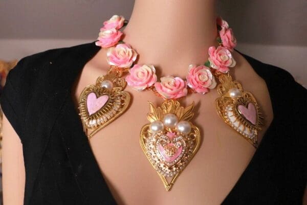 SOLD! 10086 Baroque Sacred Hearts Pink Roses Massive Necklace - Image 6