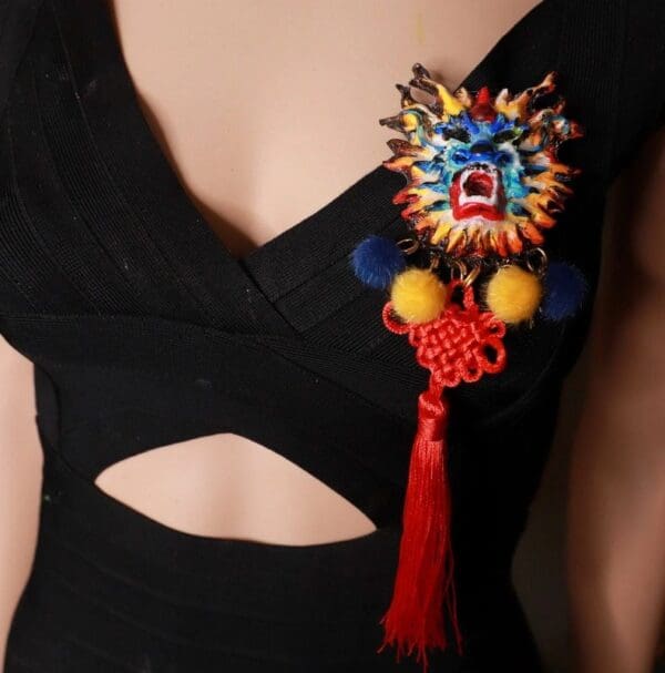 SOLD! 10094 Colorful Chinese Dragon Tassels Brooch Pin