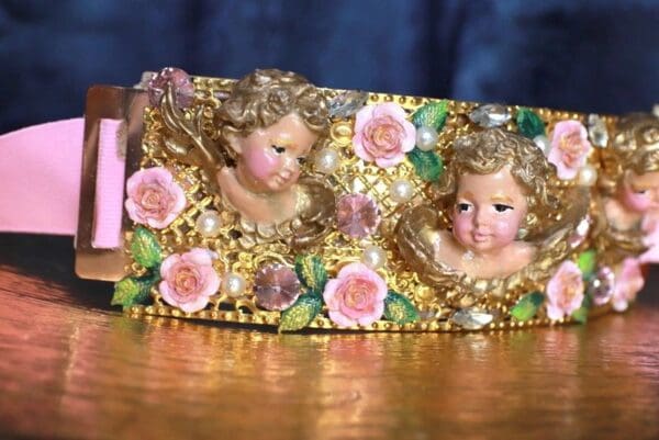 SOLD! 10098 Runway Baroque Cherubs Vases Flowers Waist Belt - Image 4