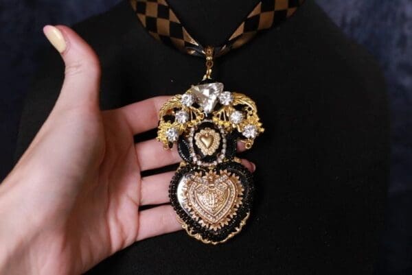 SOLD! 10103 Baroque Sacred Heart Pendant Ribbon Necklace - Image 3