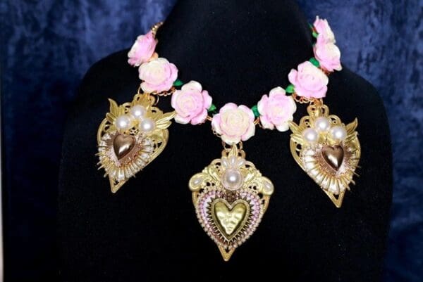 SOLD! 10105 Baroque Sacred Heart Roses Necklace