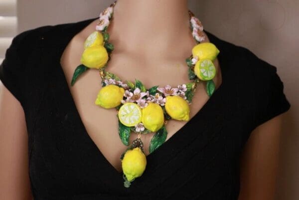 SOLD! 10124 Set Of Baroque 3D Effect Lemon Fruit Statement Necklace+ Earrings - Image 8
