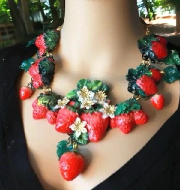SOLD! 10075 Set Of Earrings+ Necklace Vivid Hand Painted Strawberry