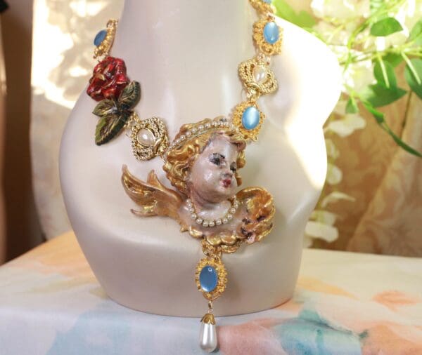 SOLD! 10138 Baroque Chubby Italian Cherub Rose Massive Necklace - Image 2