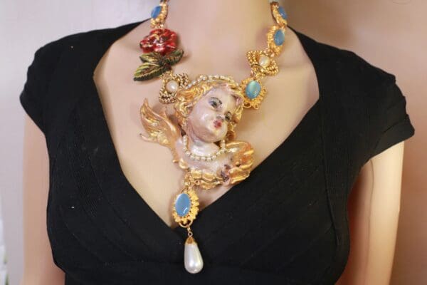 SOLD! 10138 Baroque Chubby Italian Cherub Rose Massive Necklace - Image 4