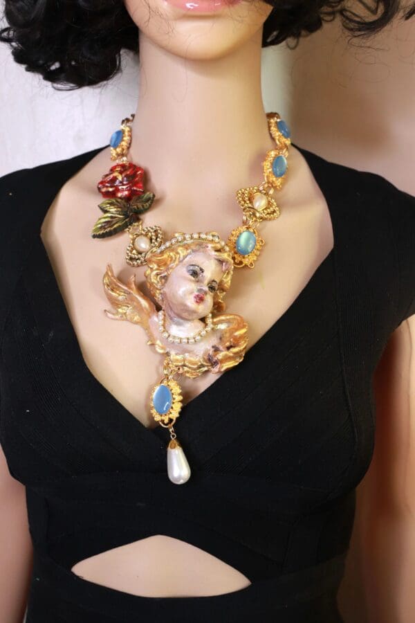 SOLD! 10138 Baroque Chubby Italian Cherub Rose Massive Necklace - Image 7