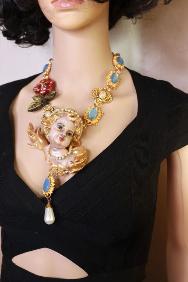 SOLD! 10138 Baroque Chubby Italian Cherub Rose Massive Necklace - Image 8