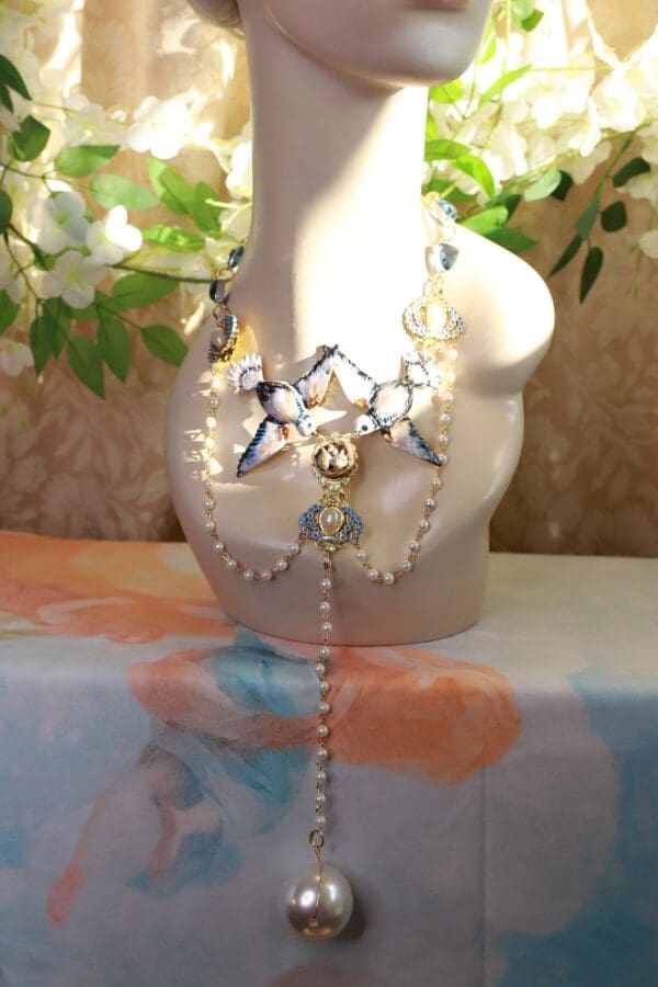 SOLD! 10141 Art Nouveau Birds Swallows Nest Massive Pearl Necklace - Image 4