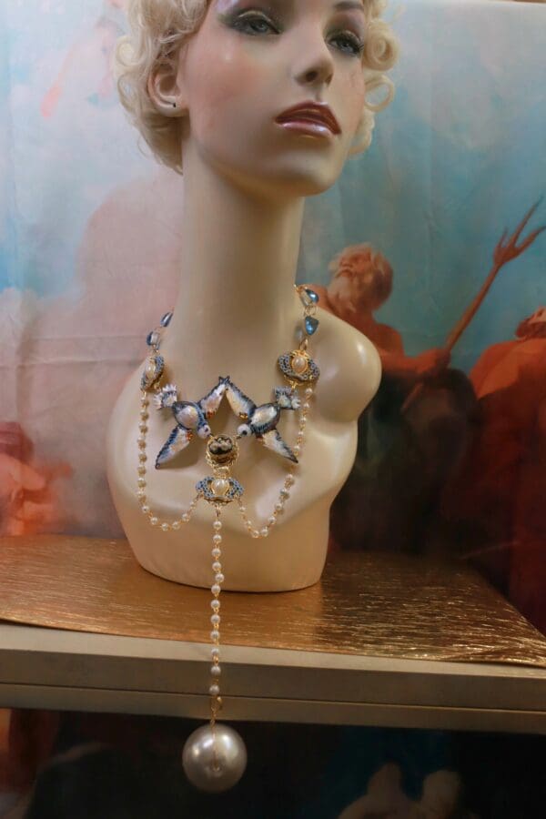 SOLD! 10141 Art Nouveau Birds Swallows Nest Massive Pearl Necklace - Image 5