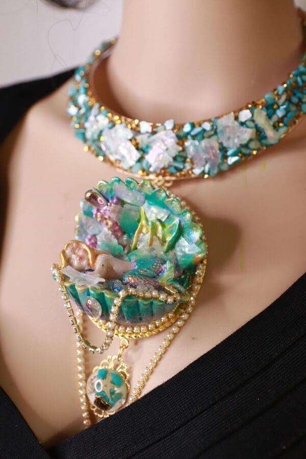 SOLD! 10142 Art Nouveau Nautical Sleeping Mermaid Massive Necklace - Image 3