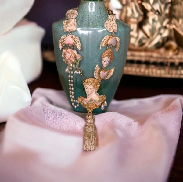 SOLD! 10154 Set Of Necklace+ Earrings Victorian Portrait Tassel - Image 2