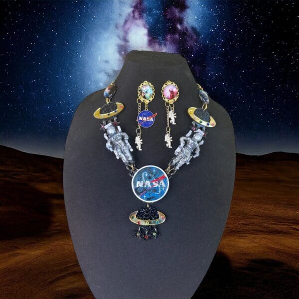SOLD! 10170 Set Of Celestial NASA Astronauts Iridescent Necklace+ Earrings