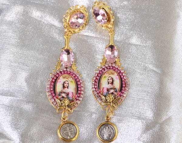 SOLD! 10182 Virgin Mary Pink Long Elegant Earrings Studs - Image 2