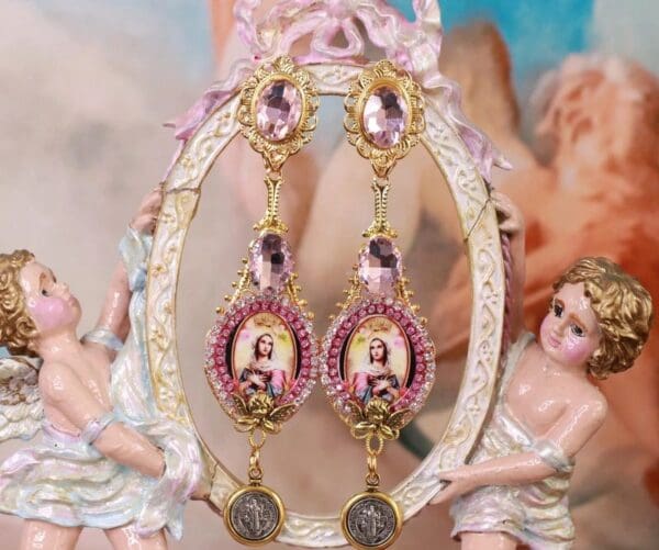 SOLD! 10182 Virgin Mary Pink Long Elegant Earrings Studs - Image 4