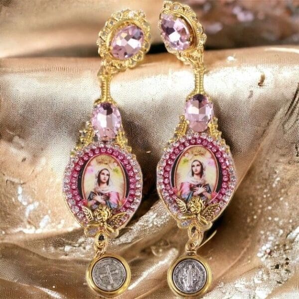 SOLD! 10182 Virgin Mary Pink Long Elegant Earrings Studs