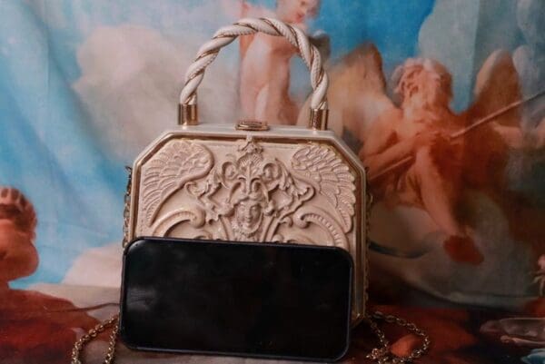 SOLD! 10211 Baroque Boutique Style Statues Embossed Embellished Handbag - Image 8