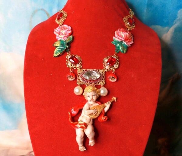 SOLD! 10212 Baroque Musical Cherub Angel Roses Massive Necklace - Image 2