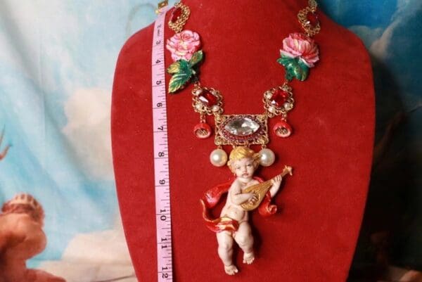 SOLD! 10212 Baroque Musical Cherub Angel Roses Massive Necklace - Image 4