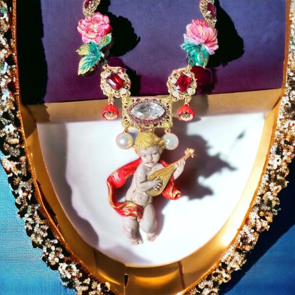 SOLD! 10212 Baroque Musical Cherub Angel Roses Massive Necklace