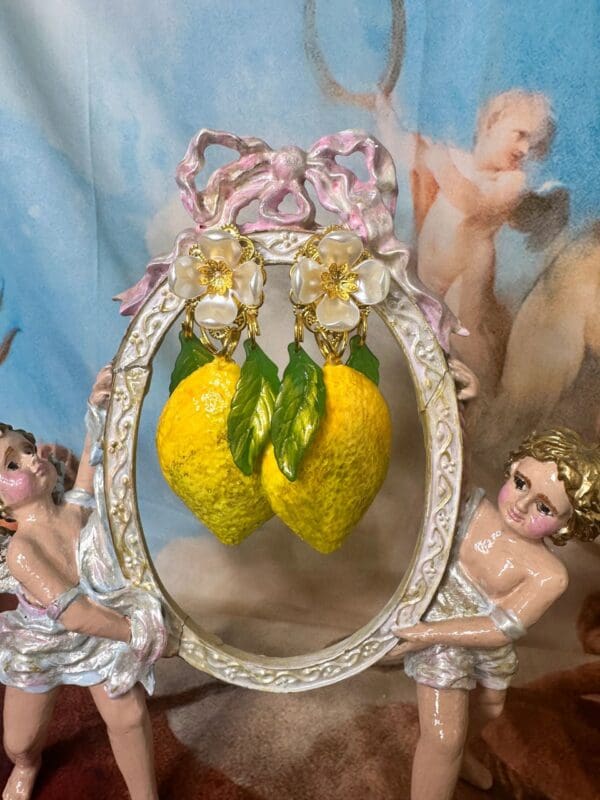 SOLD! 10225 Baroque Large Lemon Pink flower Earrings Studs - Image 5