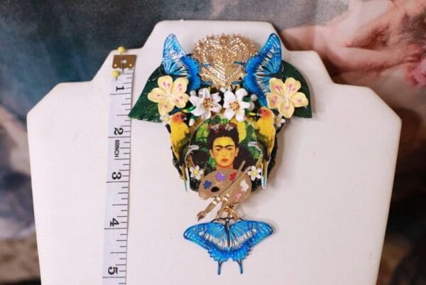 SOLD! 10229 Frida Kahlo Sacred Heart Butterflies Huge Brooch - Image 2