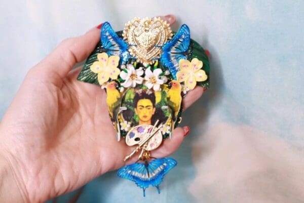 SOLD! 10229 Frida Kahlo Sacred Heart Butterflies Huge Brooch - Image 3