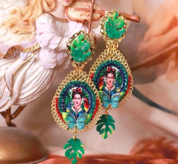SOLD! 10240 Frida Kahlo Green Jungle Hand Painted Earrings