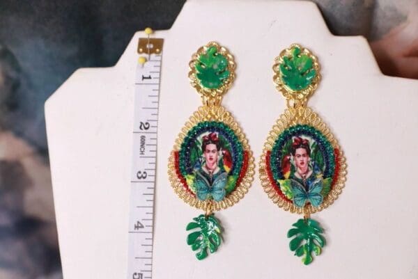 SOLD! 10240 Frida Kahlo Green Jungle Hand Painted Earrings - Image 3