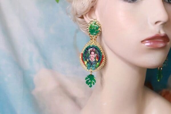 SOLD! 10240 Frida Kahlo Green Jungle Hand Painted Earrings - Image 4