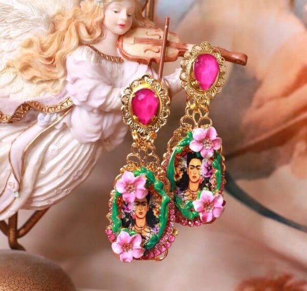 SOLD! 10241 Frida Kahlo Green Fuchsia Hand Painted Earrings