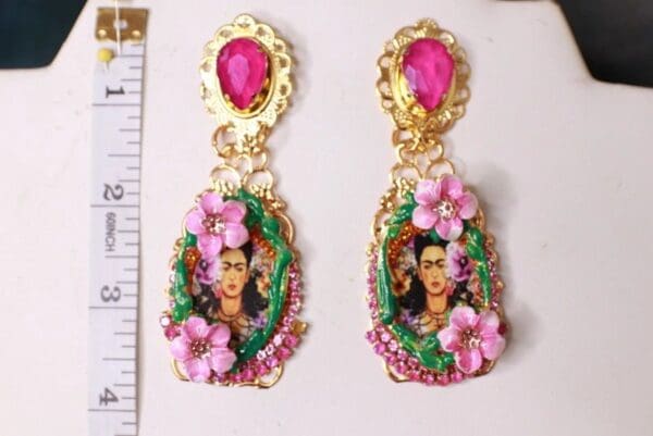 SOLD! 10241 Frida Kahlo Green Fuchsia Hand Painted Earrings - Image 3