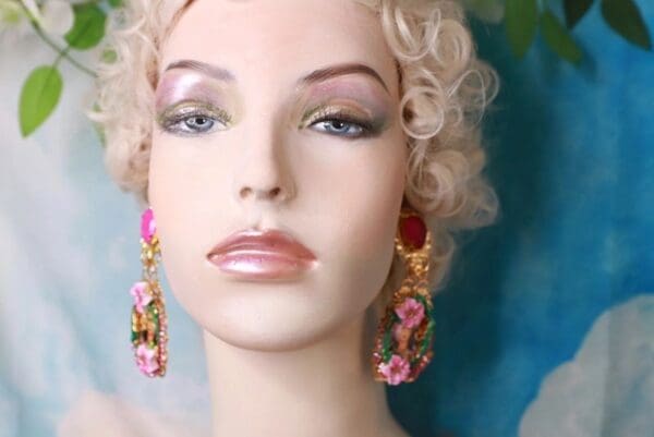 SOLD! 10241 Frida Kahlo Green Fuchsia Hand Painted Earrings - Image 4