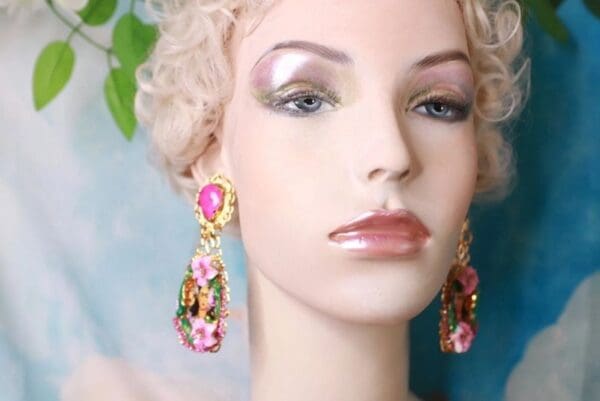 SOLD! 10241 Frida Kahlo Green Fuchsia Hand Painted Earrings - Image 5