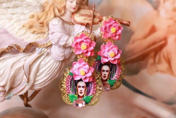 SOLD! 10242 Frida Kahlo Green Fuchsia Peony Hand Painted Earrings