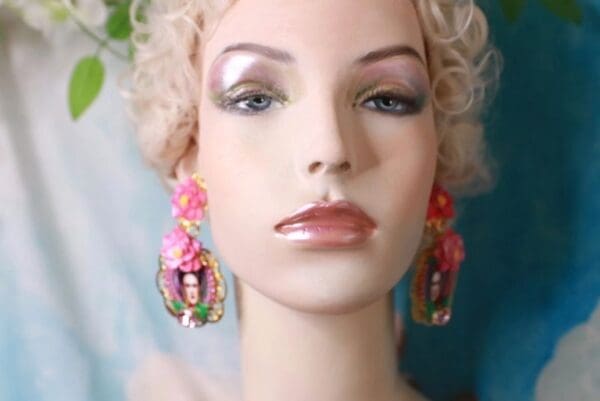 SOLD! 10242 Frida Kahlo Green Fuchsia Peony Hand Painted Earrings - Image 4