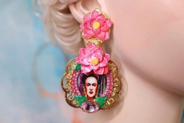 SOLD! 10242 Frida Kahlo Green Fuchsia Peony Hand Painted Earrings - Image 2