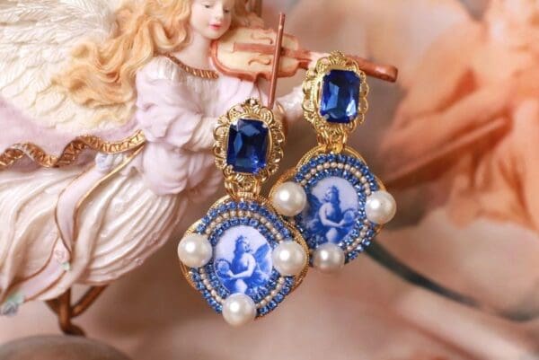 SOLD! 10244 Renaissance Cameo Blue Tile Elegant Earrings Studs - Image 2