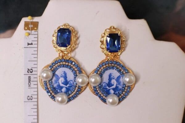 SOLD! 10244 Renaissance Cameo Blue Tile Elegant Earrings Studs - Image 3